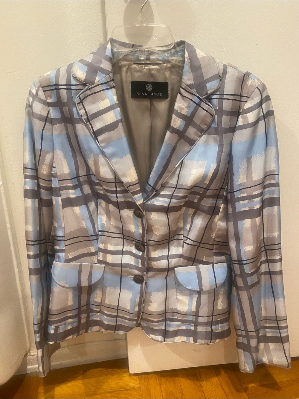Rena Lange Light Blue and Gray Plaid Satin-Effect Blazer